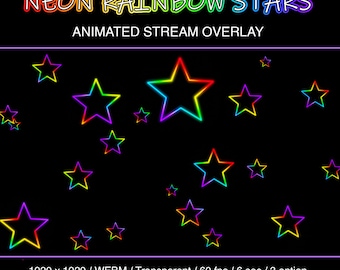 May include: Animated stream overlay with neon rainbow stars on a black background. The text "NEON RAINBOW STARS" and "ANIMATED STREAM OVERLAY" is displayed at the top of the image. The image is 1920 x 1920 pixels and is in WEBM format.