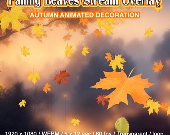 May include: Animated overlay of falling autumn leaves in a misty forest setting. The overlay is 1920 x 1080 pixels, in WEBM format, and is 5 x 12 seconds long at 60 frames per second. The overlay is transparent and loops.