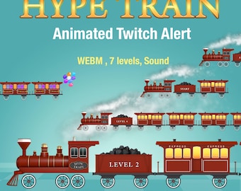 Hype Train Twitch Alerts, Animated Stream Overlays for VTubers and Streamers, Retro Locomotive, 7 Levels, Sound