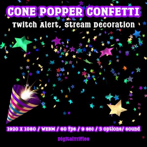 Animated star confetti cannon stream alert for streamers and VTubers — WEBM with transparent background and sound, 3 layout options