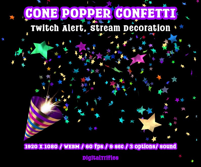 Animated star confetti cannon stream alert for streamers and VTubers — WEBM with transparent background and sound, 3 layout options