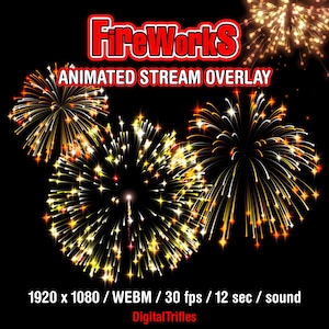 Può includere: Sovrapposizione di flusso animata con fuochi d'artificio. L'immagine mostra molteplici esplosioni di fuochi d'artificio gialli, arancioni e bianchi su sfondo nero. Il testo in alto recita "FireWorks ANIMATED STREAM OVERLAY". Informazioni su risoluzione, tipo di file, frame rate, durata e suono.