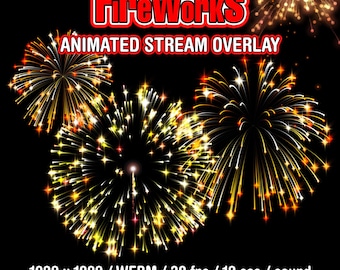 May include: Animated stream overlay featuring fireworks. The image displays multiple bursts of yellow, orange, and white fireworks against a black background. Text at the top reads "FireWorks ANIMATED STREAM OVERLAY". Additional text includes resolution, file type, frame rate, duration, and sound information.