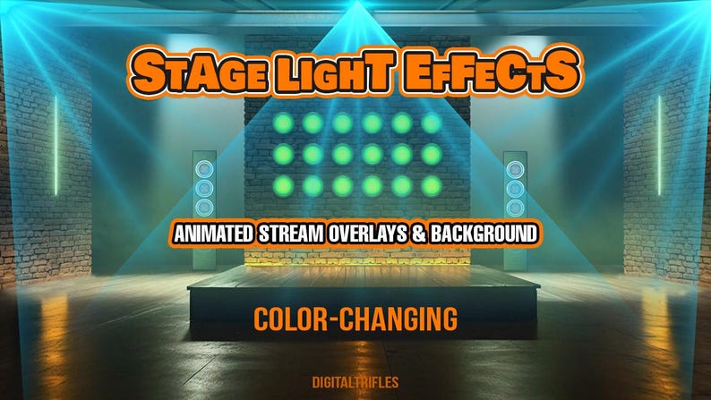 May include: Animated stage light effects for streaming. The image shows a brick wall stage with a grid of green lights and a color-changing text overlay that says "STAGE LIGHT EFFECTS".