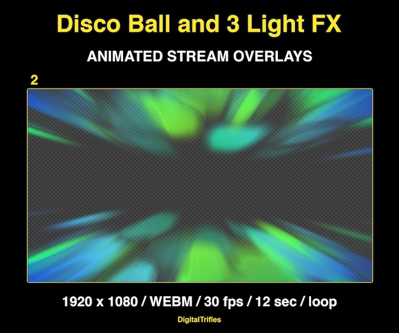 Animated stage light overlay package for streamers and VTubers. This pack brings dynamic light beams and effects, creating a vivid and professional stage look. And also a cool animated disco ball with golden glitter. These seamless, smoothly looping visuals with transparent backgrounds can be used as overlays or backgrounds in your stream setup