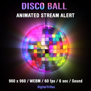 Disco ball Twitch alert for Streamers and Vtubers, colorful stream decoration, retro aesthetic, 70s 80s 90s theme, music party, dj, birthday, just a holiday or fun. Animated stream overlay with transparent background and sound