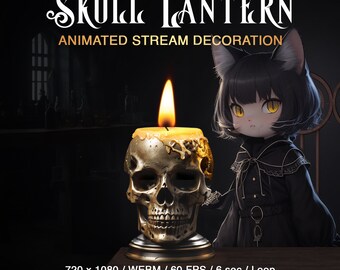 May include: Animated skull lantern with a flickering candle flame. The lantern is gold and black with a skull design. The animation is 720 x 1080 pixels, 60 frames per second, and loops for 6 seconds.  The animation is in WEBM format.  The text "SKULL LANTERN" and "ANIMATED STREAM DECORATION" is at the top of the image. The text "720 x 1080 / WEBM / 60 FPS / 6 sec / Loop" is at the bottom of the image. The text "SaragusDigital" is at the bottom of the image.