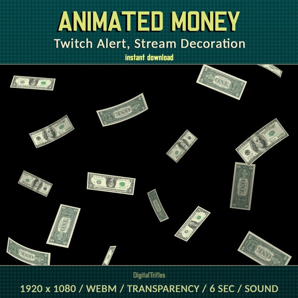 Vallend geld Geanimeerde Twitch-waarschuwing Nieuwe donatie, Stream-overlay op volledig scherm, Sub, Cheer, Bits, Cash Rain, Fly Dollars, Transparant, Geluid