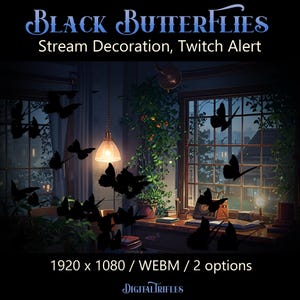 Superposiciones de Twitch de mariposas negras, decoración de streaming con tema oscuro, alertas animadas de Twitch, brujería, gótico