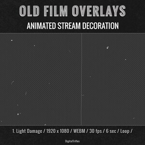 Animated vintage film Twitch or YouTube stream overlays with old movie texture and retro cinema effects. Loop stream decoration with transparent background. This pack includes 2 seamless loop overlays inspired by aged film stock, featuring scratches, dust, flicker, and analog projector atmosphere