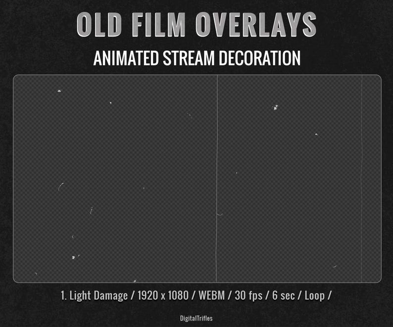 Animated vintage film Twitch or YouTube stream overlays with old movie texture and retro cinema effects. Loop stream decoration with transparent background. This pack includes 2 seamless loop overlays inspired by aged film stock, featuring scratches, dust, flicker, and analog projector atmosphere