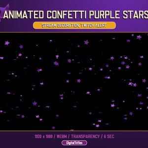 Stream Decoration Glitter Confetti Purple Stars, Animated Twitch Alert, Transparent Background, Holiday Overlay for Streamers and Vtubers