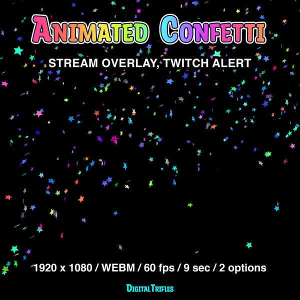 Twitch Alerts with Confetti Shooting, Stream Alerts Multicolored Stars Confetti, Animated Overlays, Twitch Assets for Streamers and VTubers