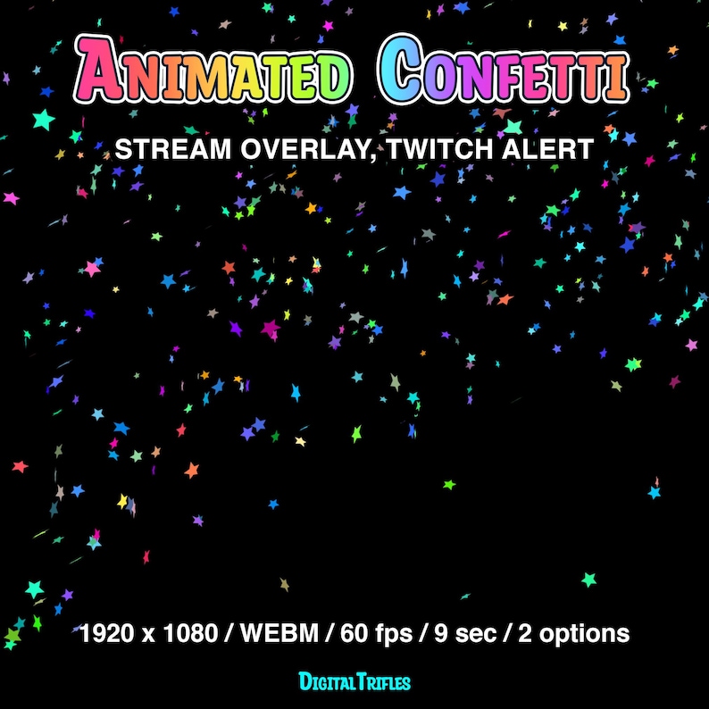 Animated Twitch alerts confetti shooting, stream overlays with transparent background, full screen stream decoration, bright multicolored star confetti, 2 options - single shot and double