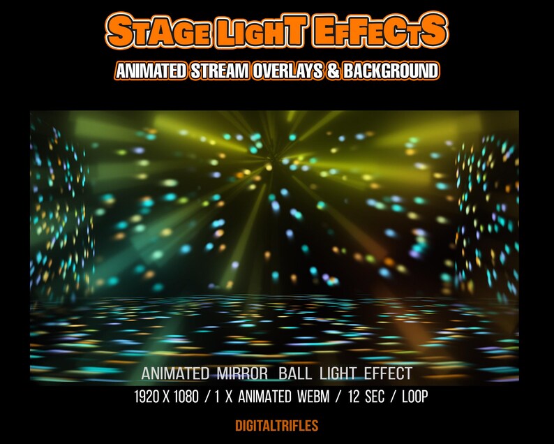 Animated stage light effects for streamers and VTubers. Loop color-changing laser spotlights, mirror ball light effects, and stylish loft - background. Twitch overlays for singers, dancers, fitness trainers, DJ parties, pop stars, karaoke