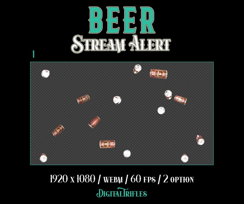 Animated stream alerts with flying beer cans and a barrel cannon launcher. Full-screen Twitch overlay with transparent background