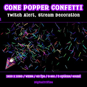 Animated confetti cannon stream alert for streamers and VTubers — WEBM with transparent background and sound, 3 layout options