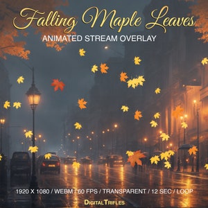 Falling maple leaves, animated Twitch overlay, fall Vtuber background, cute cozy stream decorations, transparent, WEBM