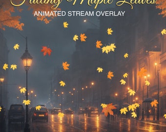 May include: Animated stream overlay featuring falling maple leaves in a city street setting at night. The overlay is 1920 x 1080 pixels, in WEBM format, 60 frames per second, transparent, 12 seconds long, and loops.