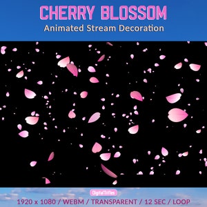 Animated full screen Twitch overlays falling cherry blossom petals, stream decoration, streaming add-on, asset for Vtubers and streamers, WEBM, loop