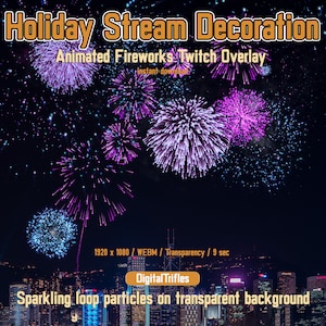 Animated Fireworks Twitch Overlay, Holiday Stream Asset, 4th July, New Year Celebration, Stream Decoration for OBS Scene, Transparent, Loop