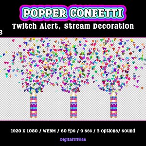 Heart confetti cannon, animated Twitch alert for streamers and VTubers, 3 designs. Suitable for stream celebration moments such as raids, milestones, donations, or special stream events. WEBM format with a transparent background and sound