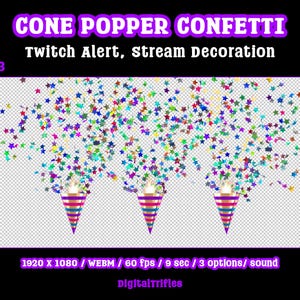 Animated star confetti cannon stream alert for streamers and VTubers — WEBM with transparent background and sound, 3 layout options