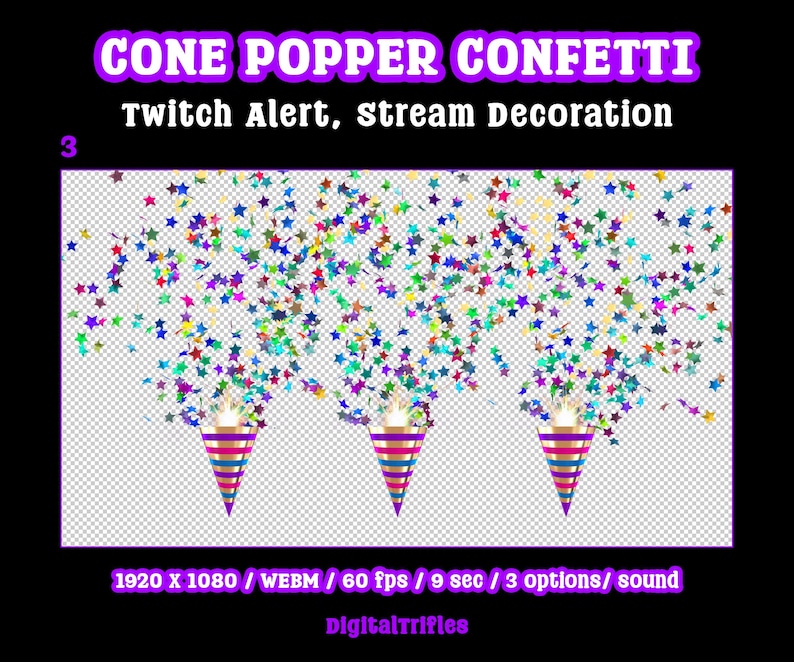 Animated star confetti cannon stream alert for streamers and VTubers — WEBM with transparent background and sound, 3 layout options