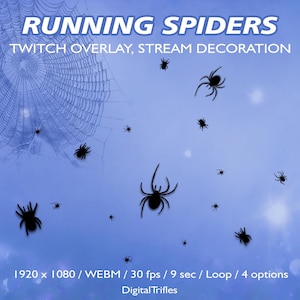 May include: A digital graphic with the text "RUNNING SPIDERS" and "TWITCH OVERLAY, STREAM DECORATION". Black spiders are scattered across a blue background, with a spider web in the upper left corner. The graphic is labeled "1920 x 1080 / WEBM / 30 fps / 9 sec / Loop / 4 options".
