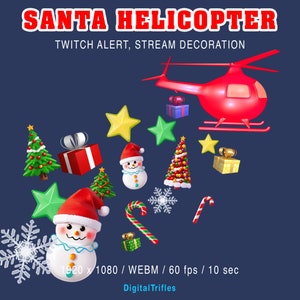 サンタヘリコプターのクリスマスTwitchアラート、アニメーションストリームオーバーレイ、応援、サブ、フォロー、寄付、かわいい新年のお祝いストリーミングデコレーション