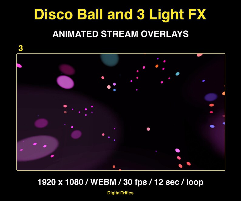 Animated stage light overlay package for streamers and VTubers. This pack brings dynamic light beams and effects, creating a vivid and professional stage look. And also a cool animated disco ball with golden glitter. These seamless, smoothly looping visuals with transparent backgrounds can be used as overlays or backgrounds in your stream setup