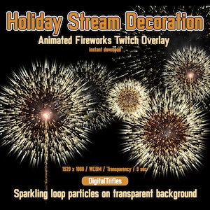 Può includere: Uno spettacolo di fuochi d'artificio animati su uno sfondo nero. I fuochi d'artificio sono dorati e bianchi e creano un effetto scintillante. Il testo "Holiday Stream Decoration" e "Animated Fireworks Twitch Overlay" è nella parte superiore dell'immagine. Il testo "Digital Trifles" è in un riquadro rettangolare nella parte inferiore dell'immagine. Il testo "Sparkling loop particles on transparent background" è sotto il riquadro.