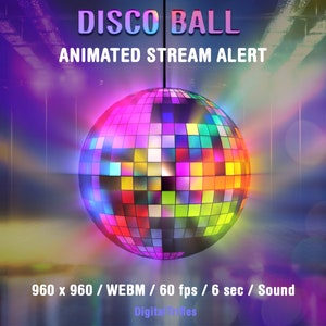 Disco ball Twitch alert for Streamers and Vtubers, colorful stream decoration, retro aesthetic, 70s 80s 90s theme, music party, dj, birthday, just a holiday or fun. Animated stream overlay with transparent background and sound