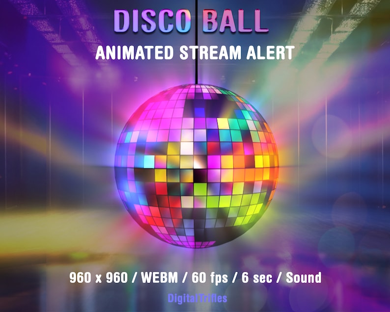 Disco ball Twitch alert for Streamers and Vtubers, colorful stream decoration, retro aesthetic, 70s 80s 90s theme, music party, dj, birthday, just a holiday or fun. Animated stream overlay with transparent background and sound