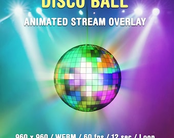 May include: Animated disco ball with a colorful mirrored surface, rotating against a background of purple and blue spotlights. The text "DISCO BALL ANIMATED STREAM OVERLAY" is at the top of the image. The text "960 x 960 / WEBM / 60 fps / 12 sec / Loop" is at the bottom of the image. The text "Digital Trifles" is at the bottom of the image.