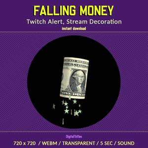 Money Twitch Alert, Animated Stream Overlay, Dollars, Cash, New Donation, Streamers and Vtubers Decoration, Cheer, Bits, Sound