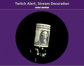 May include: Animated GIF of a rolled-up US dollar bill falling with green stars. The text "FALLING MONEY" is at the top of the image. The text "Twitch Alert, Stream Decoration" is below the image. The text "instant download" is below the second line of text. The text "Digital Trifles" is at the bottom of the image. The text "720 x 720 / WEBM / TRANSPARENT / 5 SEC / SOUND" is below the text "Digital Trifles".