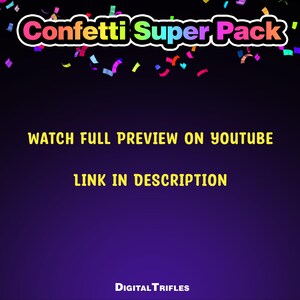 3D multicolor confetti Twitch alerts and fullscreen stream overlays. A high-value pack offering a wide range of confetti animations in one set. A fun and lively overlay for streamers and VTubers to celebrate stream activity, events, and goals, new followers, subs, donations, raids, and more.
This set includes 10 variations with different directions and behaviors — top, bottom, center, and corner bursts, single and multi-shot effects, plus a smooth loop