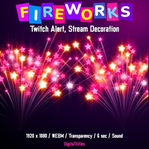 Avviso Twitch Fuochi d'artificio, Risorsa per lo streaming, Sovrapposizione animata, Follower, Ricompensa punti canale, Celebrazione di Capodanno, 4 luglio, Suono, Trasparente