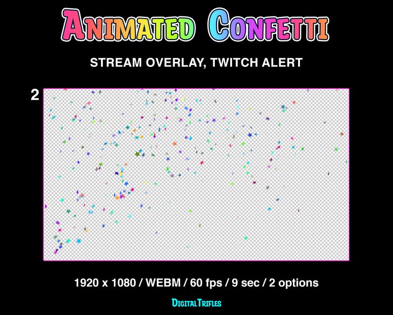 Animated Twitch alerts confetti shooting, stream overlays with transparent background, full screen stream decoration, bright multicolored star confetti, 2 options - single shot and double