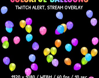 May include: A digital graphic featuring the text COLORFUL BALLOONS, TWITCH ALERT, STREAM OVERLAY, 1920 x 1080 / WEBM / 60 fps / 10 sec, and DigitalTrifles against a black background with numerous floating balloons in shades of blue, pink, yellow, and green.