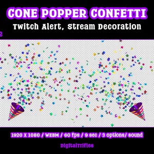 Animated star confetti cannon stream alert for streamers and VTubers — WEBM with transparent background and sound, 3 layout options