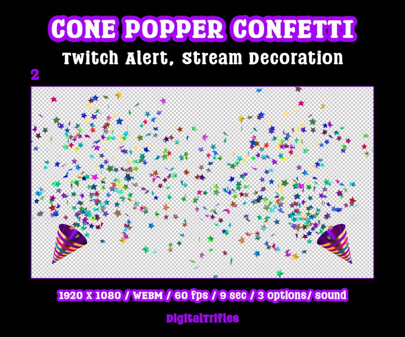 Animated star confetti cannon stream alert for streamers and VTubers — WEBM with transparent background and sound, 3 layout options