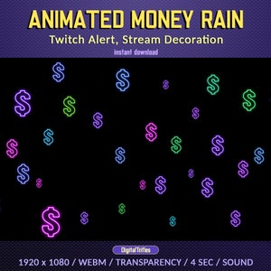 Money Rain Twitch Alert, Falling Dollars, Donation, Cheer, Bits, Sub, Tips, Animated Twitch Overlay, Vtuber Asset, Stream Decoration, Sound