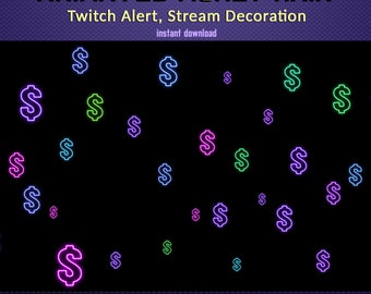 May include: Animated money rain graphic for Twitch alerts and stream decoration. The graphic features a black background with neon green, blue, pink, and purple dollar signs falling from the top of the screen. The text "ANIMATED MONEY RAIN" is at the top of the graphic in yellow letters. The text "Twitch Alert, Stream Decoration" is below the title in white letters. The text "instant download" is below the subtitle in white letters. The text "1920 x 1080 / WEBM / TRANSPARENCY / 4 SEC / SOUND" is at the bottom of the graphic in white letters.
