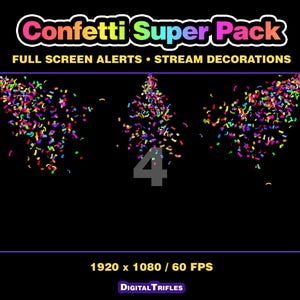 3D multicolor confetti Twitch alerts and fullscreen stream overlays. A high-value pack offering a wide range of confetti animations in one set. A fun and lively overlay for streamers and VTubers to celebrate stream activity, events, and goals, new followers, subs, donations, raids, and more.
This set includes 10 variations with different directions and behaviors — top, bottom, center, and corner bursts, single and multi-shot effects, plus a smooth loop