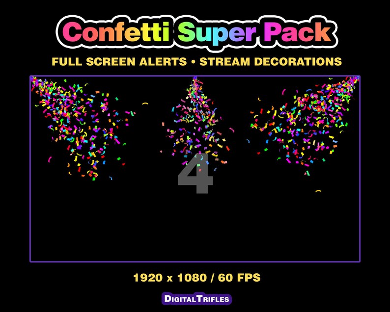 3D multicolor confetti Twitch alerts and fullscreen stream overlays. A high-value pack offering a wide range of confetti animations in one set. A fun and lively overlay for streamers and VTubers to celebrate stream activity, events, and goals, new followers, subs, donations, raids, and more.
This set includes 10 variations with different directions and behaviors — top, bottom, center, and corner bursts, single and multi-shot effects, plus a smooth loop