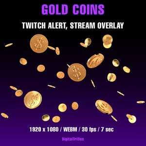 Peut inclure: Graphique numérique de pièces d'or avec des symboles de dollar flottant sur un fond violet foncé et noir. Le texte en haut indique "GOLD COINS" et "TWITCH ALERT, STREAM OVERLAY". Les dimensions de l'image sont de 1920 x 1080 pixels.