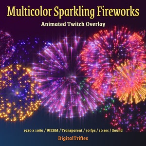 Fogos de artifício brilhantes multicoloridos, sobreposição animada de Twitch, decoração de stream para streaming de jogos, apenas conversando, Hanabi, celebração de ano novo