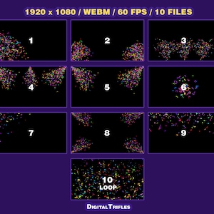 3D multicolor confetti Twitch alerts and fullscreen stream overlays. A high-value pack offering a wide range of confetti animations in one set. A fun and lively overlay for streamers and VTubers to celebrate stream activity, events, and goals, new followers, subs, donations, raids, and more.
This set includes 10 variations with different directions and behaviors — top, bottom, center, and corner bursts, single and multi-shot effects, plus a smooth loop